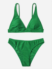 Textured V Neck Triangle Bikini Swimsuit
