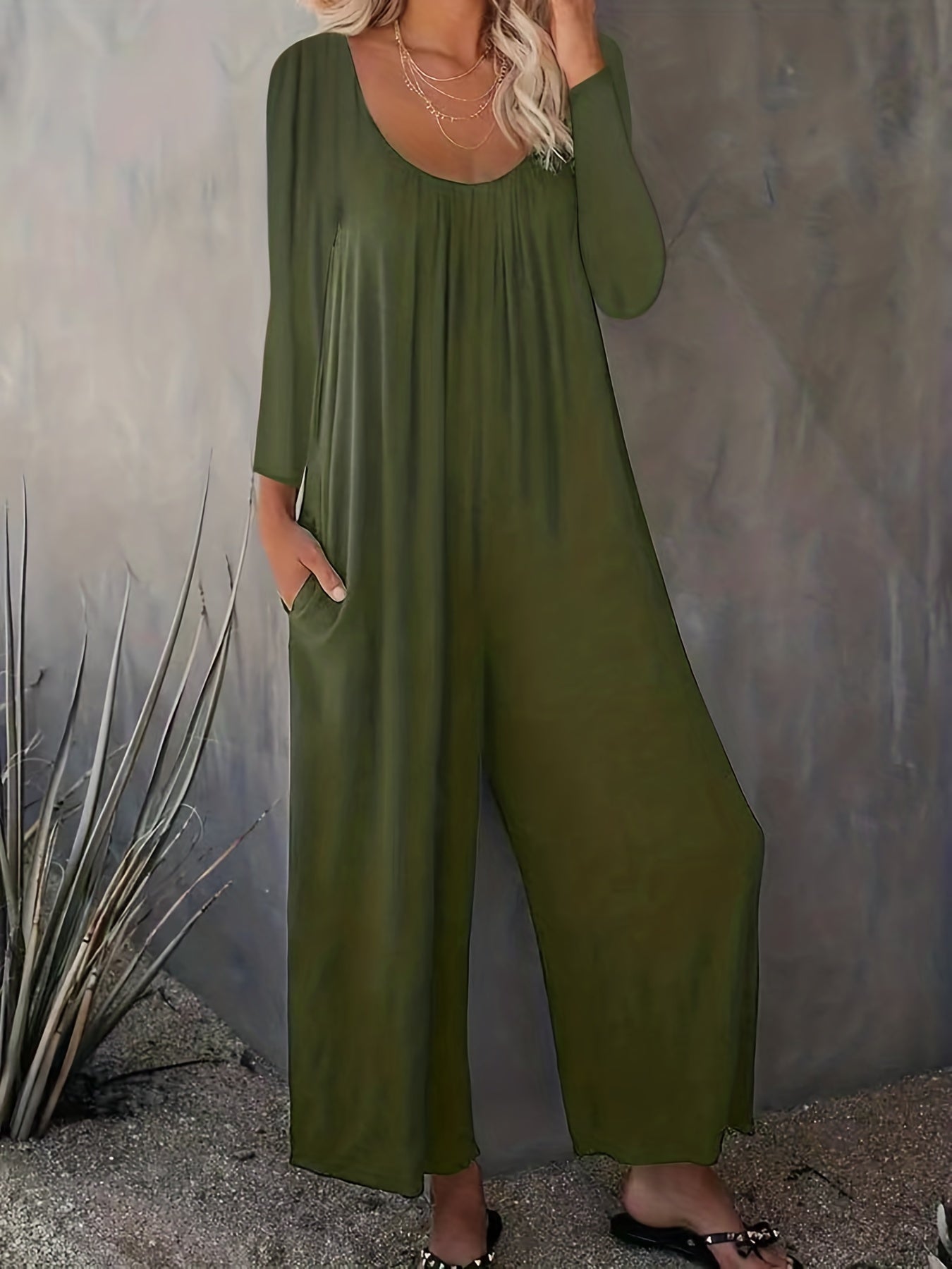  Solid Long Sleeve Round Neck Wide Leg Jumpsuit