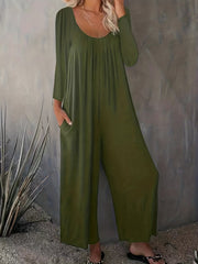  Solid Long Sleeve Round Neck Wide Leg Jumpsuit