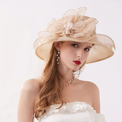 Foldable Sun Hat Flower Decor Organza Derby Hat Lightweight Church Hat