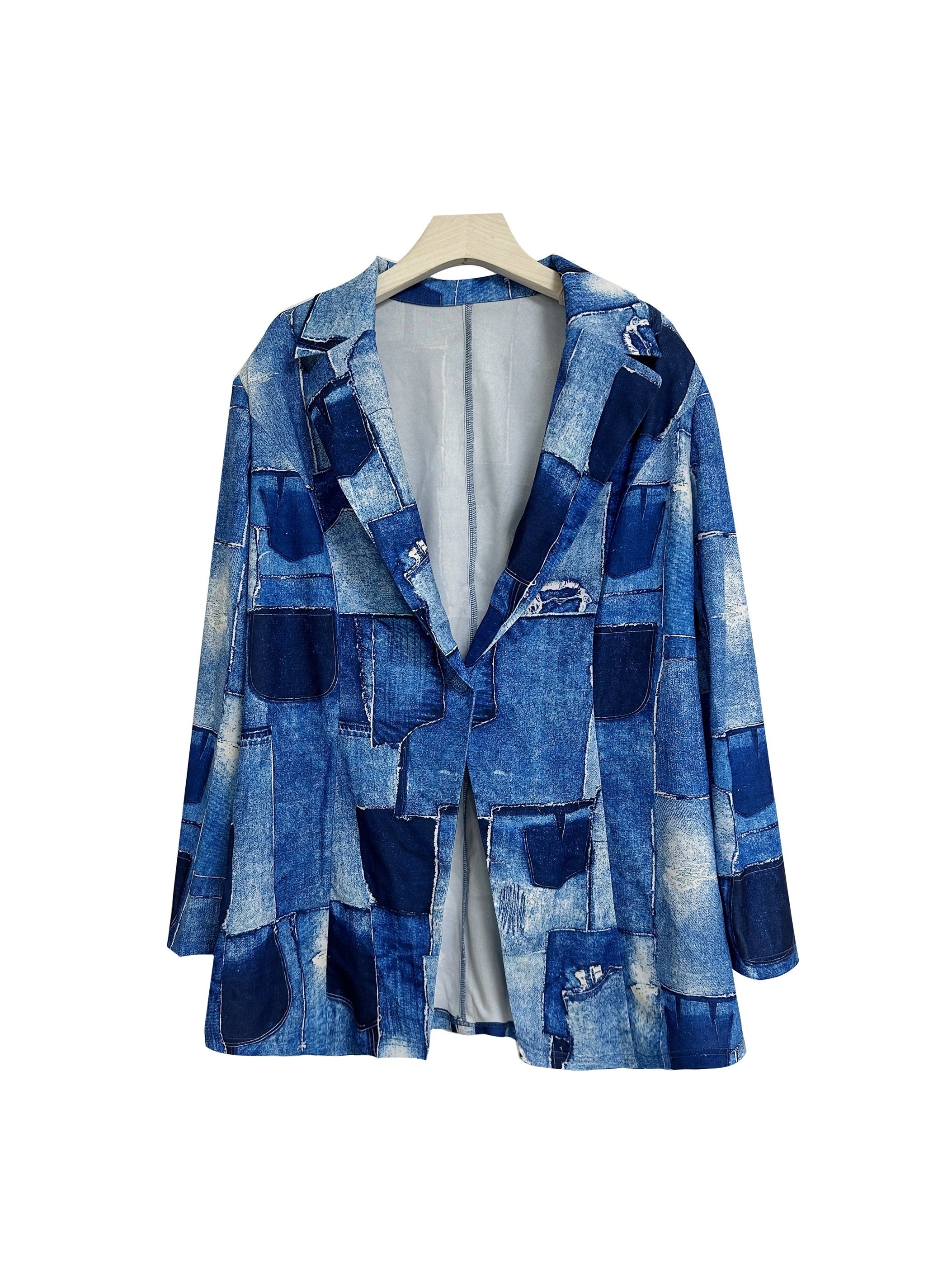  Denim Print Blazer & Shorts Suit Set