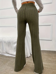  Solid Ribbed High Rise Flared Leg Pants