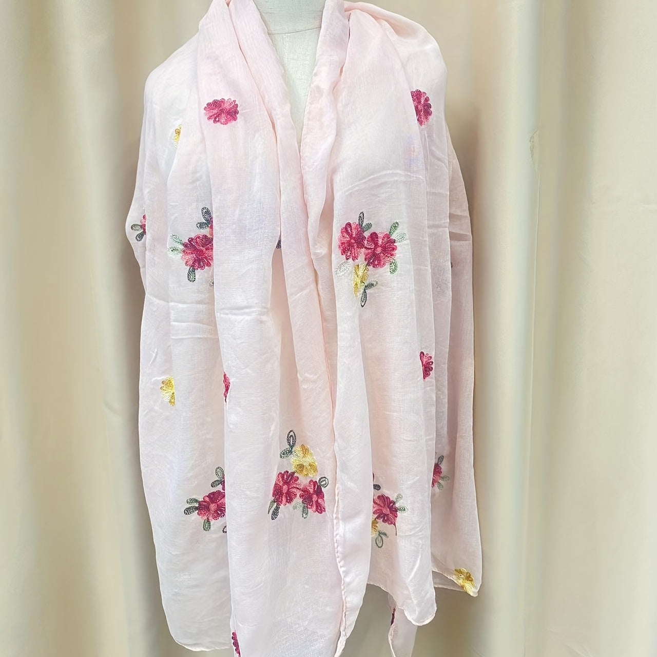 Solid Flower Embroidery Scarf Thin Shawl Windproof Head Wrap
