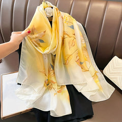 Flower Print Satin Scarf Solid Silk Shawl Windproof Head Wrap