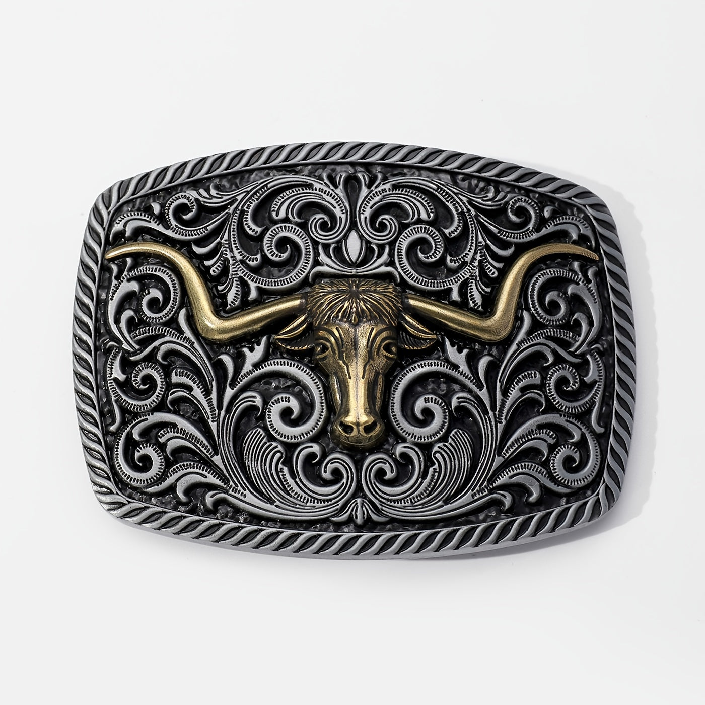 Rectangular Horn Bull Belt Buckle Engraved Vintage Cowboy Buckle