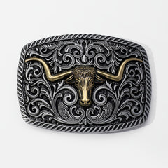 Rectangular Horn Bull Belt Buckle Engraved Vintage Cowboy Buckle