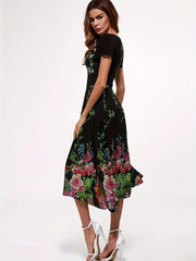  Floral Print Zipper V Neck Dress