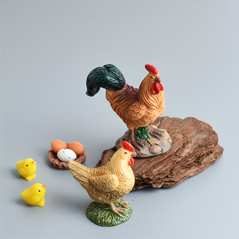 8pcs Resin Farmhouse Figurines Set - Rooster & Hen with Chicks DIY Decor
