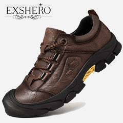 EXSHRO Men's Leather Hiking Shoes Anti-skid Sneakers