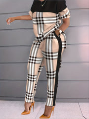 Casual Plaid 2pc Set Short Sleeve T shirt & High Waist Pants Outfit