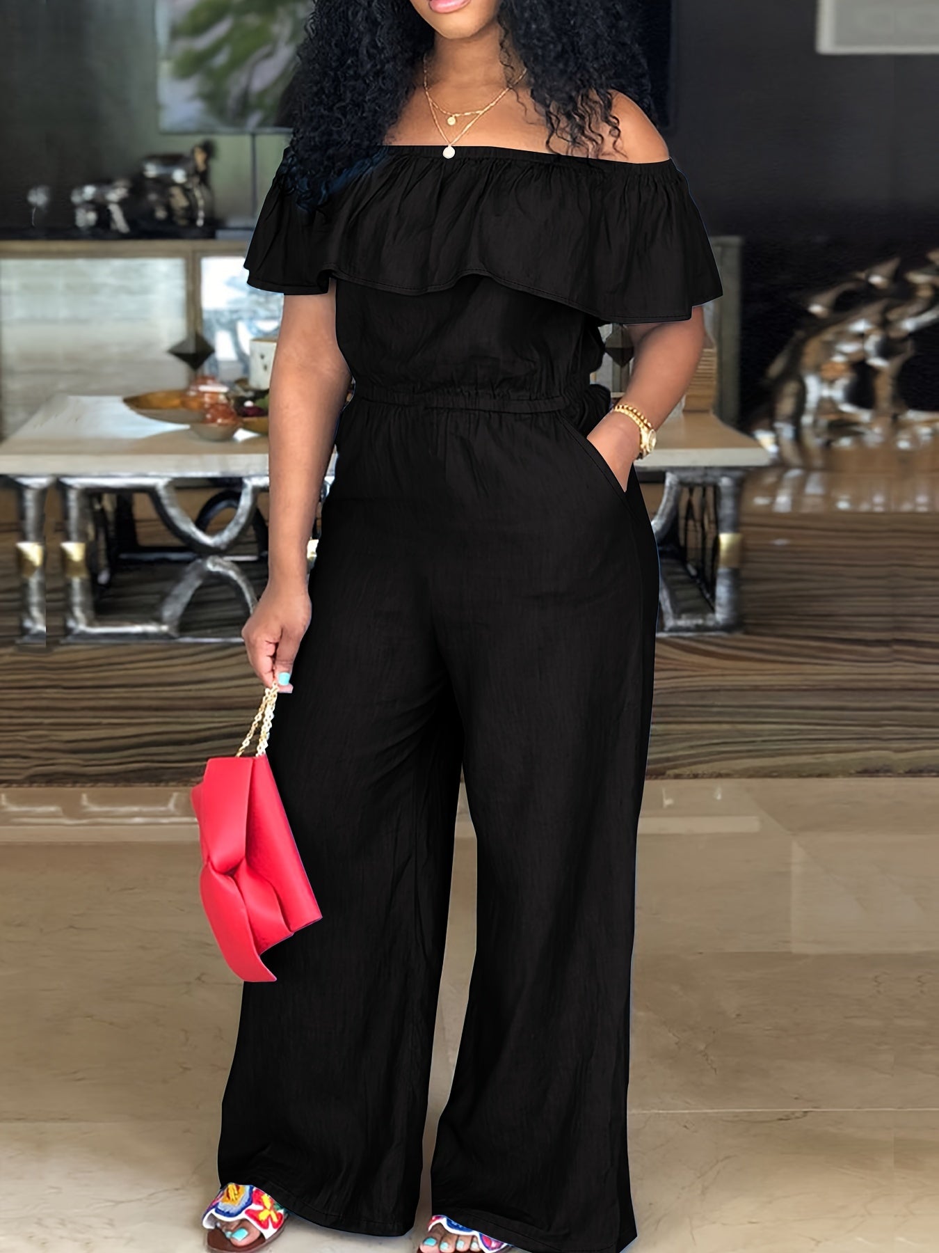  Sexy Jumpsuit Women's Plus Solid Ruffle Trim Off Shoulder Wide Leg Jum