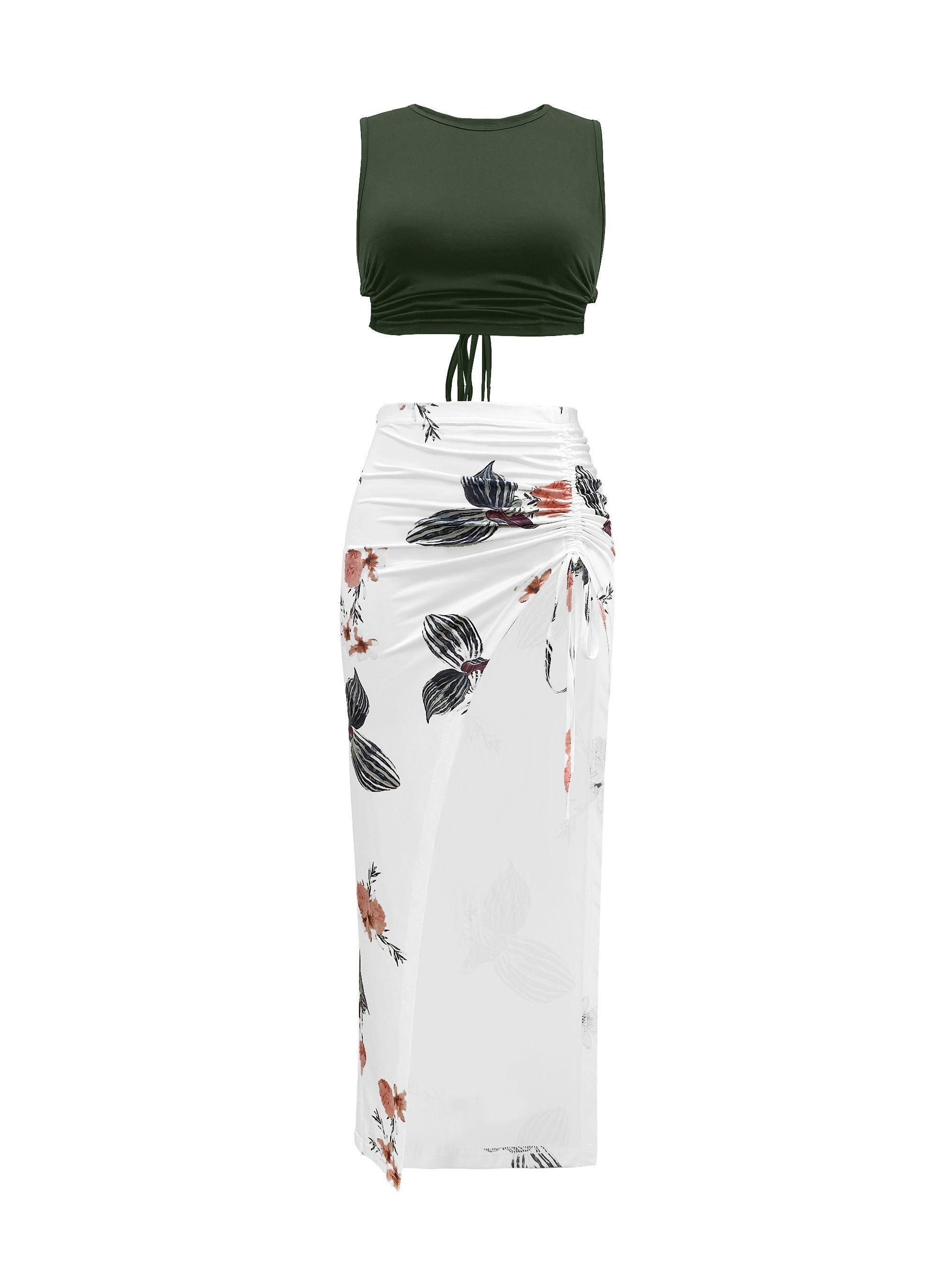 Casual Spring & Summer 2pc Set Solid Cropped Tops & Floral Print Split Skirts