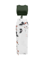 Casual Spring & Summer 2pc Set Solid Cropped Tops & Floral Print Split Skirts