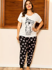  Cat Print Short Sleeve Top & Paw Print Pants Set