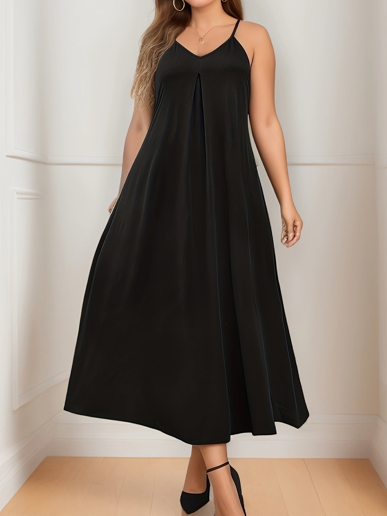  Solid V Neck Spaghetti Strap Maxi Cami Dress