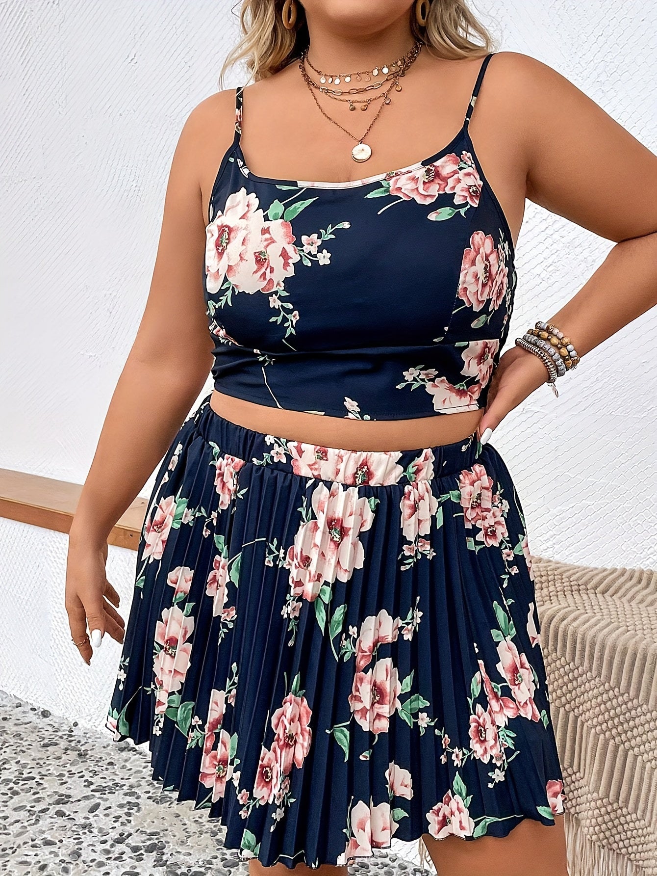  Women's Floral Print Cami Top & Pleated Skirt Set