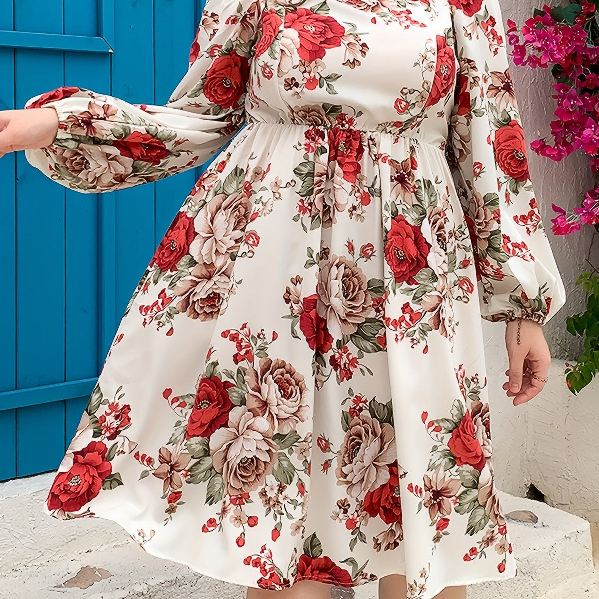  Shirred Floral Print Lantern Sleeve Dress