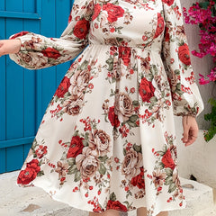  Shirred Floral Print Lantern Sleeve Dress