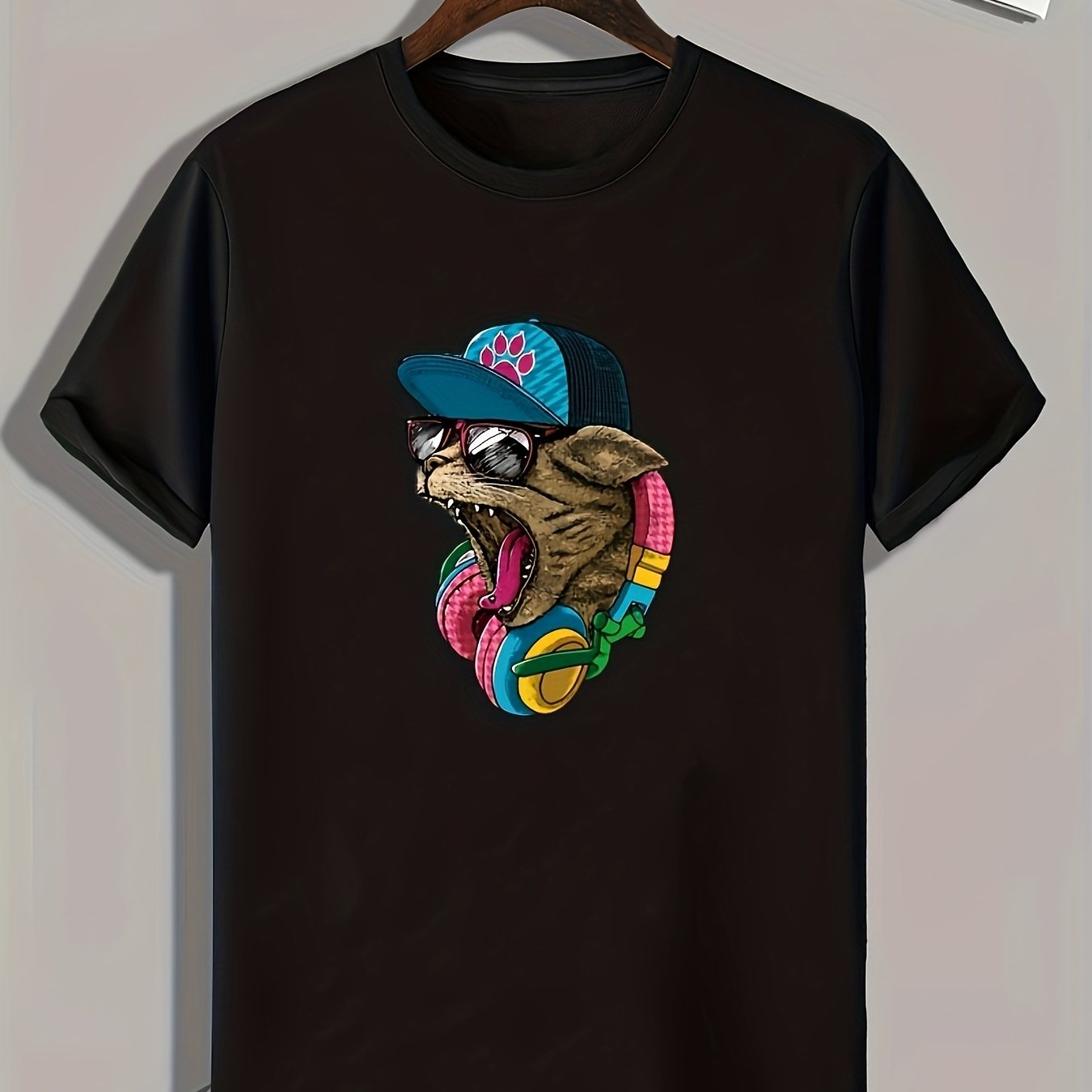Hip Hop Style Cat Pattern Print Men's Sports T-shirt