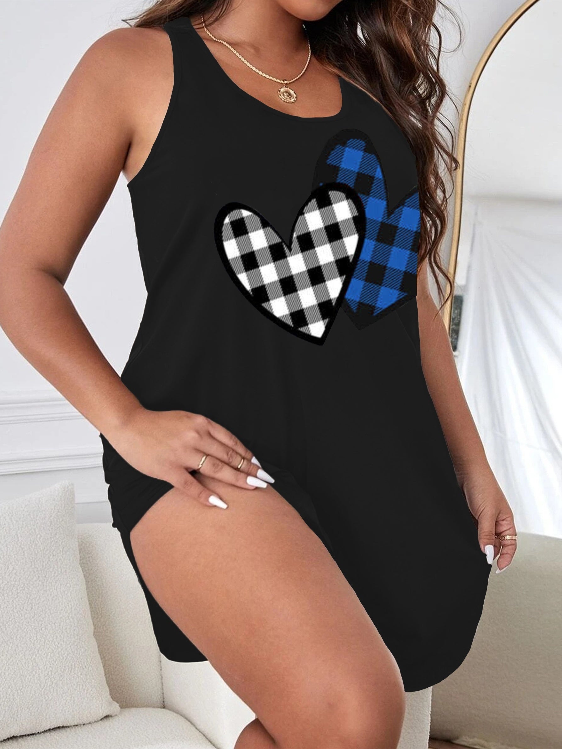  Plaid Heart Print Sleeveless Tank Dress