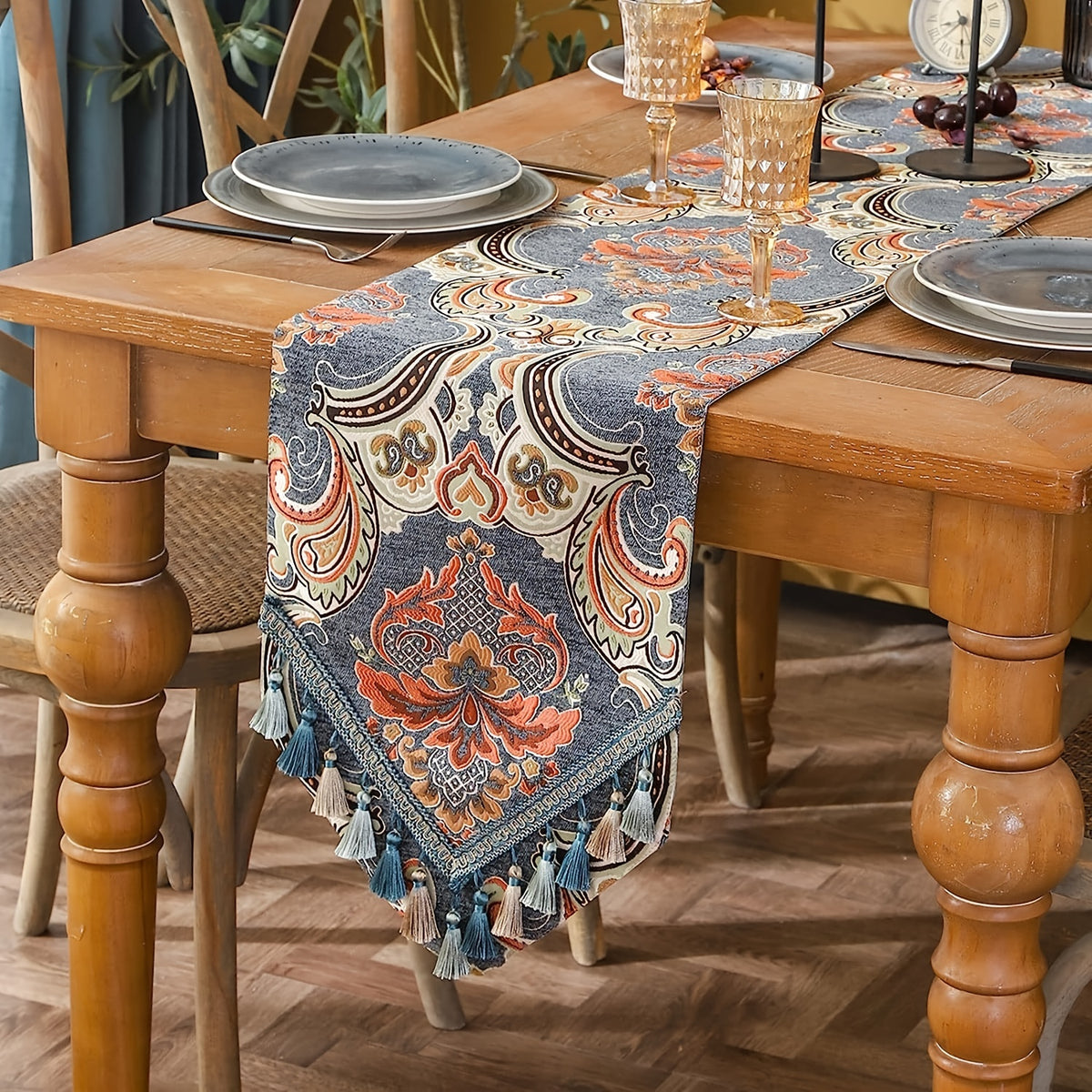 Ethnic Table Runner Floral Jacquard Tassel Dining Runners