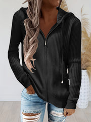  Ribbed Knit Zipper Front Hooded Cardigan