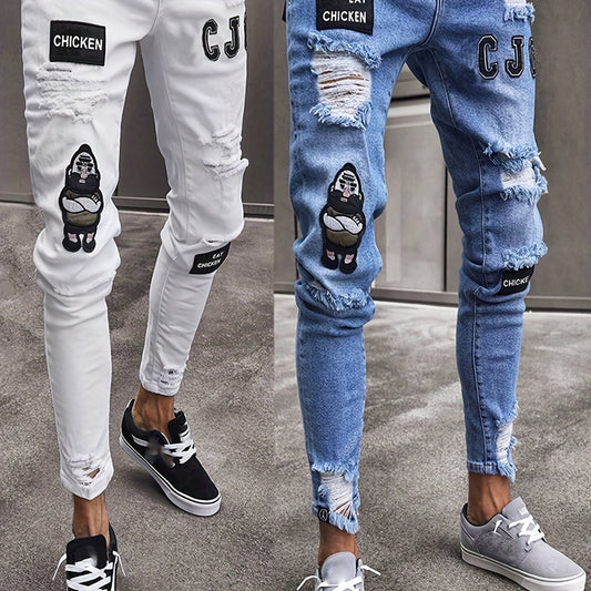 Letter Print Slim Fit Ripped Jeans Distressed Denim Pants