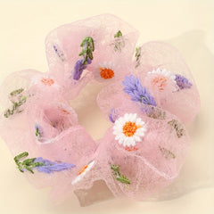 Flower Embroidery Hair Scrunchies Tulle Pink Ponytail Holders Hair Accessories