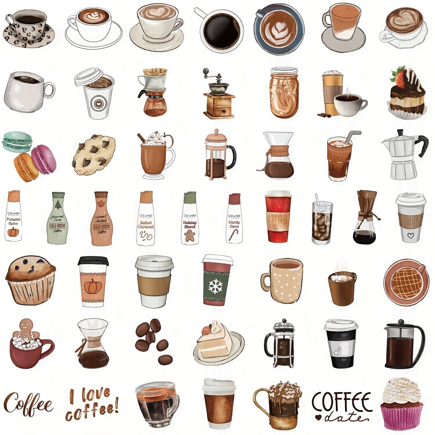 50pcs Coffee Series Phone Case Graffiti Sticker DIY Waterproof Decoration