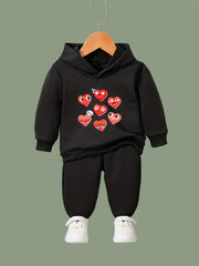 Girls Heart Pattern Hooded Sweatshirt Sweatpants Set
