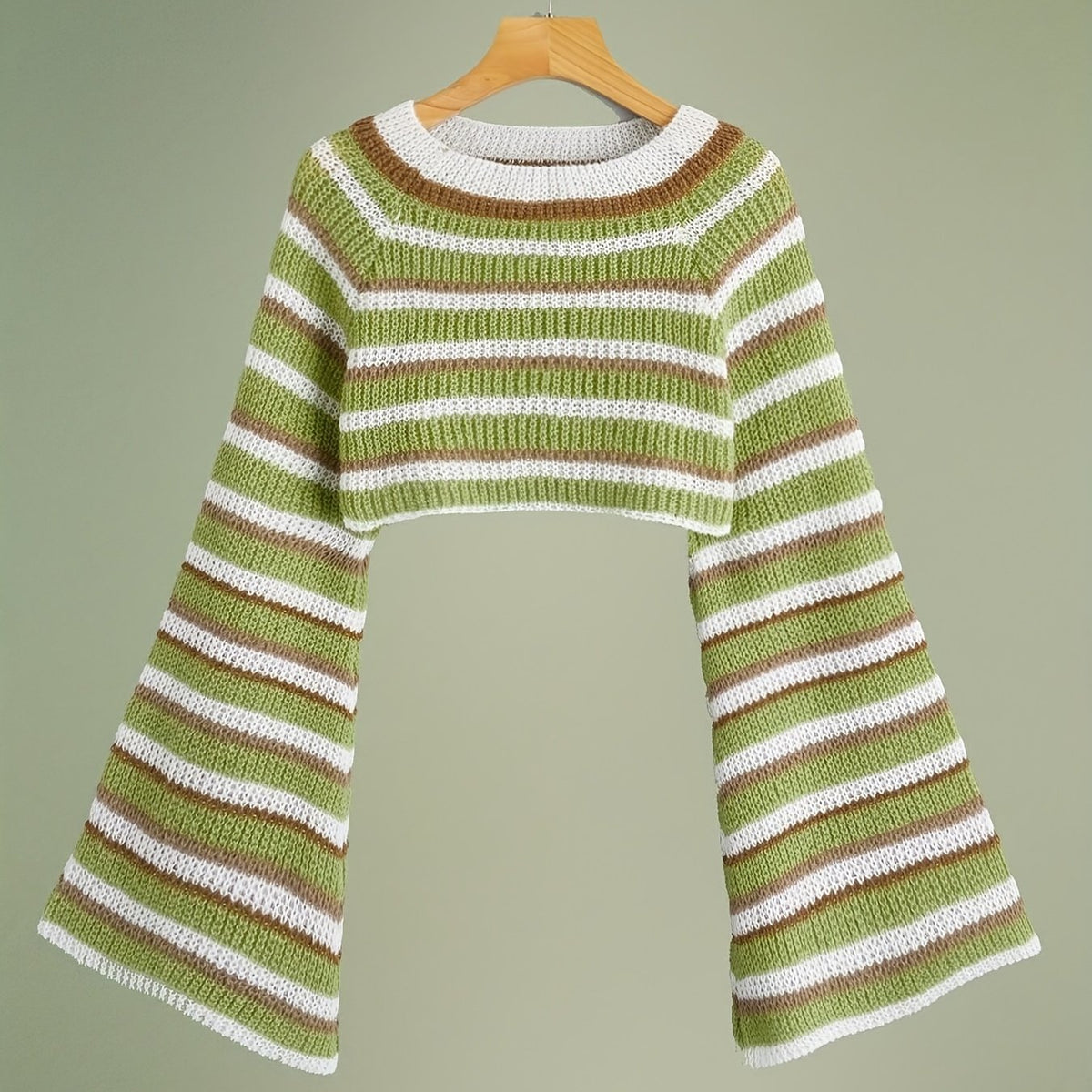  Y2K Striped Bell Sleeve Crew Neck Crop Sweater