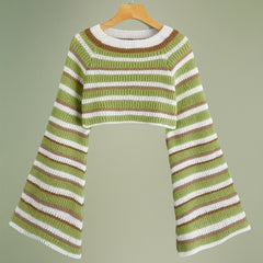  Y2K Striped Bell Sleeve Crew Neck Crop Sweater