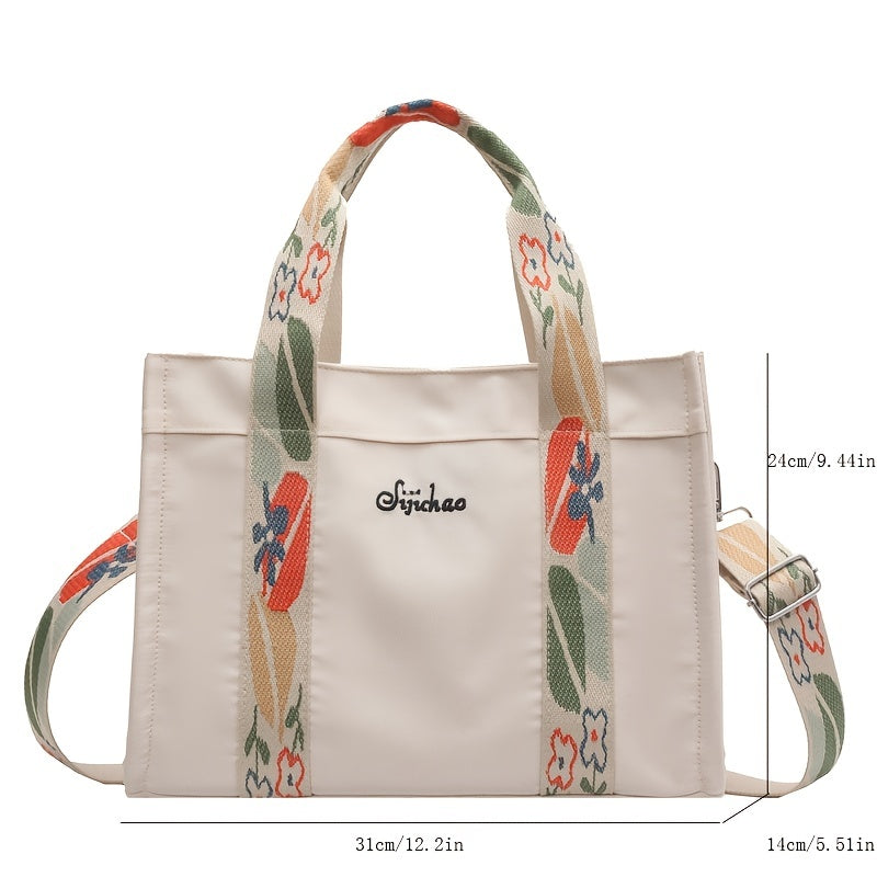 Canvas Tote Handbag with Flower Print Strap