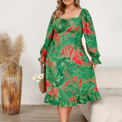 Plus Tropical Print Lantern Sleeve Square Neck Ruffle Trim Dress