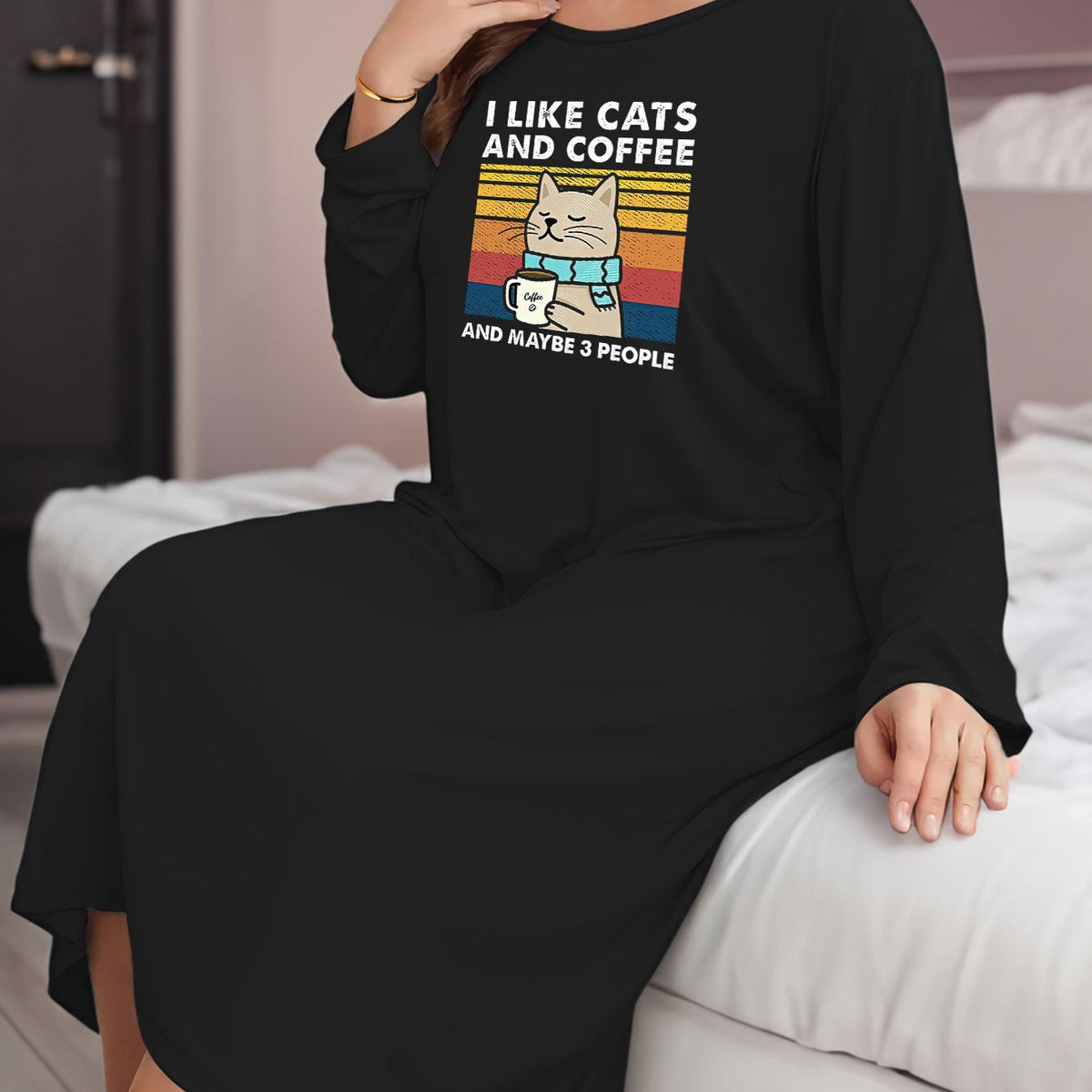  Coffee And Cat Print Long Sleeve Round Neck Stretch Tee Sleep Dress