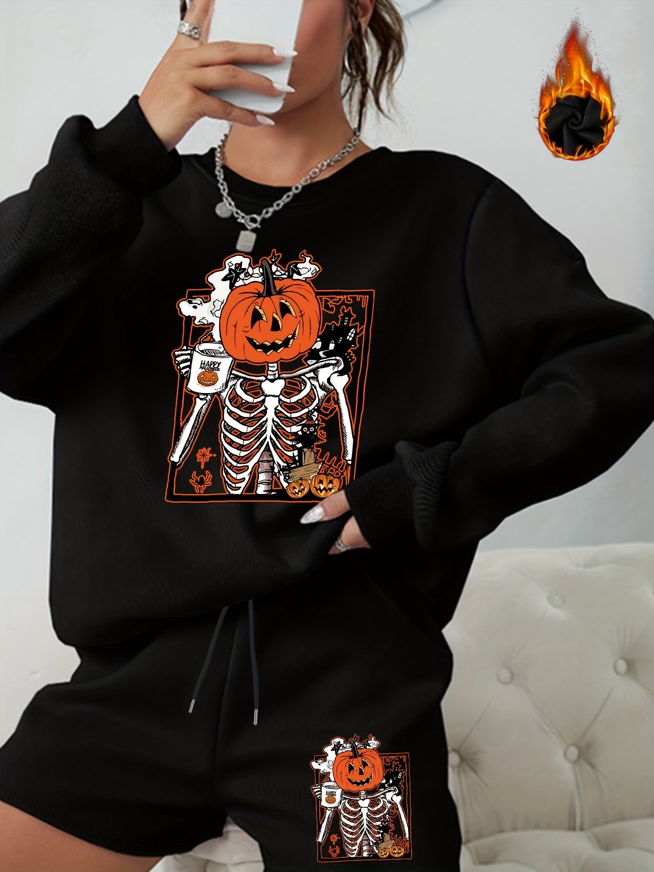  Halloween Graphic Print Sweatshirt & Shorts Set