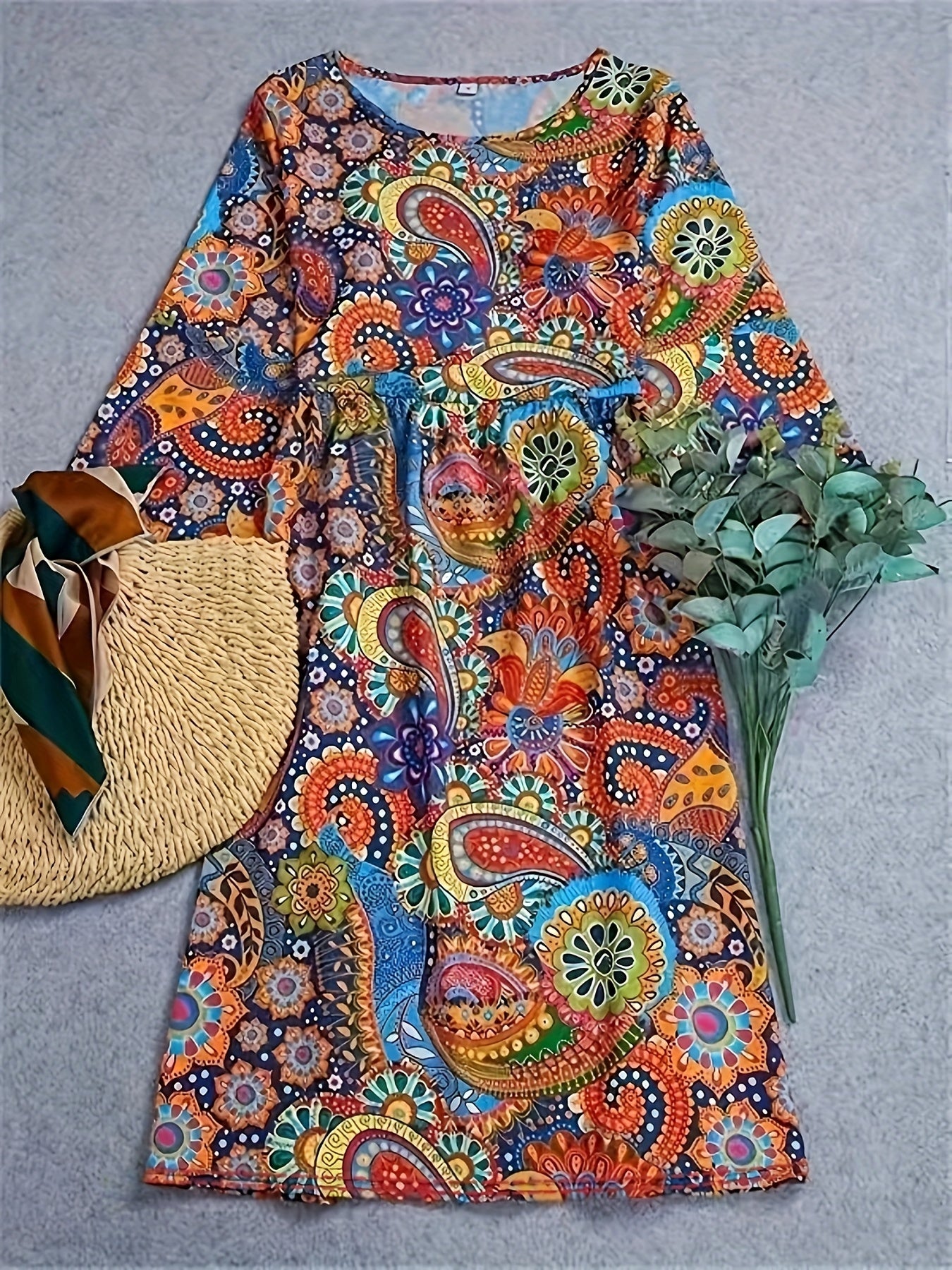  Boho Paisley Print Three Quarter Sleeve Loose Fit Dress