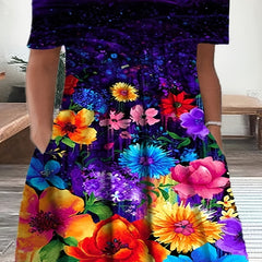  Floral Print Short Sleeve Dress With Pockets
