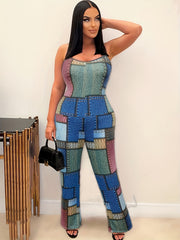  Casual Jumpsuit Denim Print Straight Leg Jumps