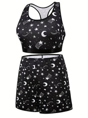  Moon & Star Print Racer Back Crop Top & Shorts Underwear Set