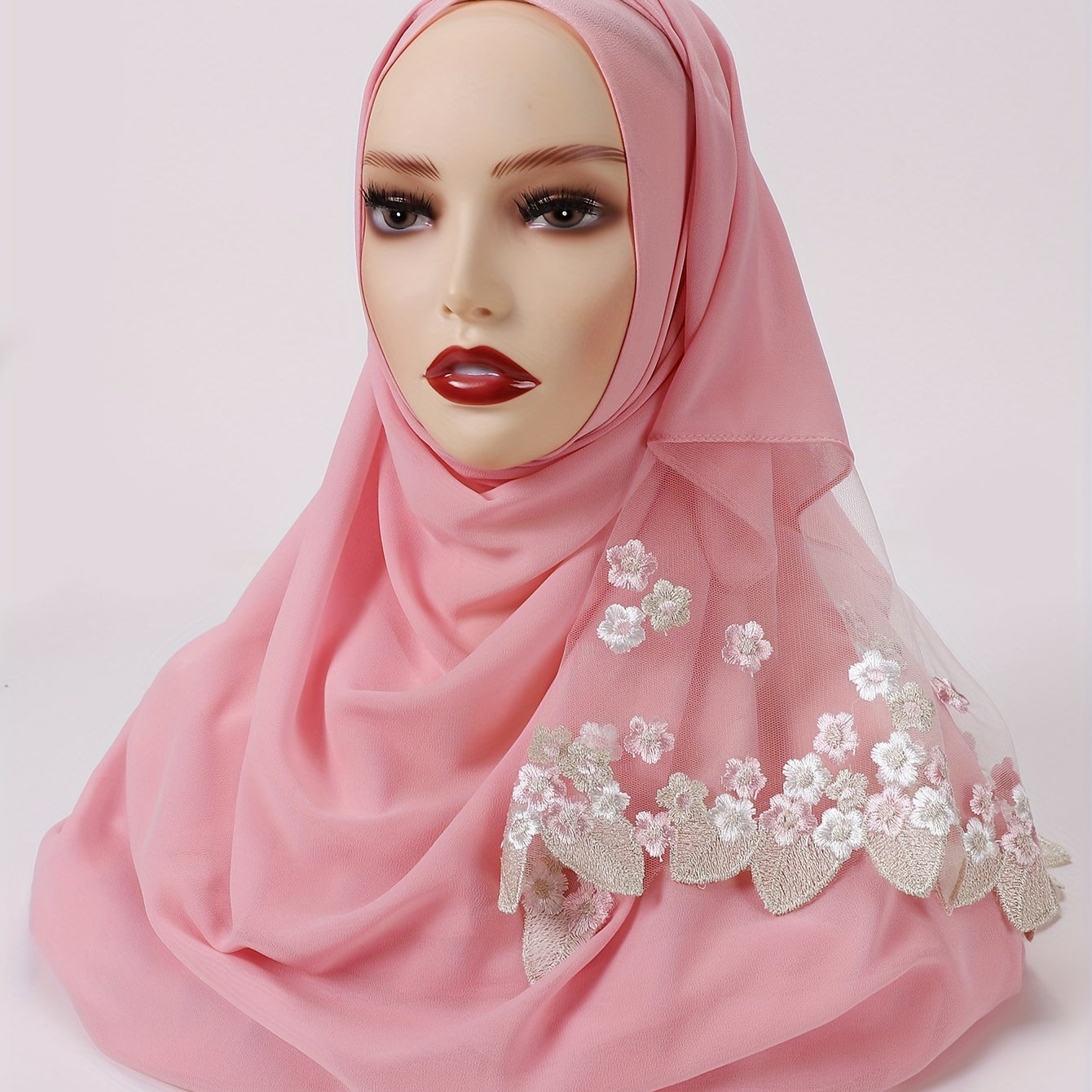 Chiffon Scarf Flower Embroidery Hijab Lightweight Shawl
