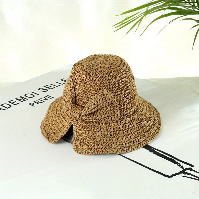 Vintage Crochet Bucket Hat with Bowknot Foldable UV Protection