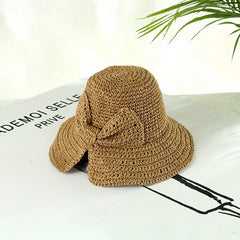 Vintage Crochet Bucket Hat with Bowknot Foldable UV Protection