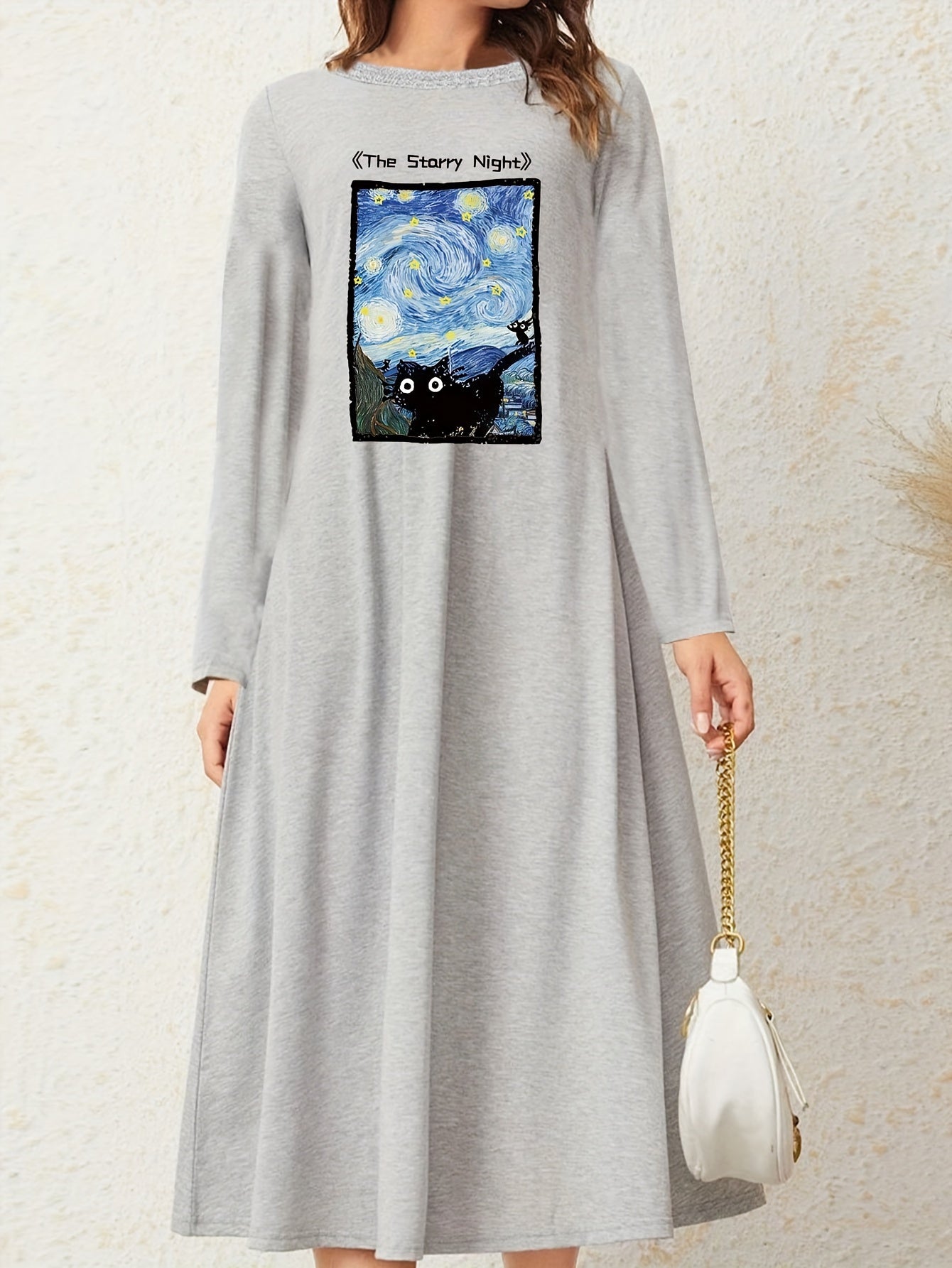  Cat Painting Print Long Sleeve Stretch Nightdress