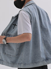 Men's Classic Crucifix Pattern Denim Vest Street Style Waistcoat Spring Summer