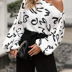  Graffiti Print One Shoulder Lantern Sleeve Top