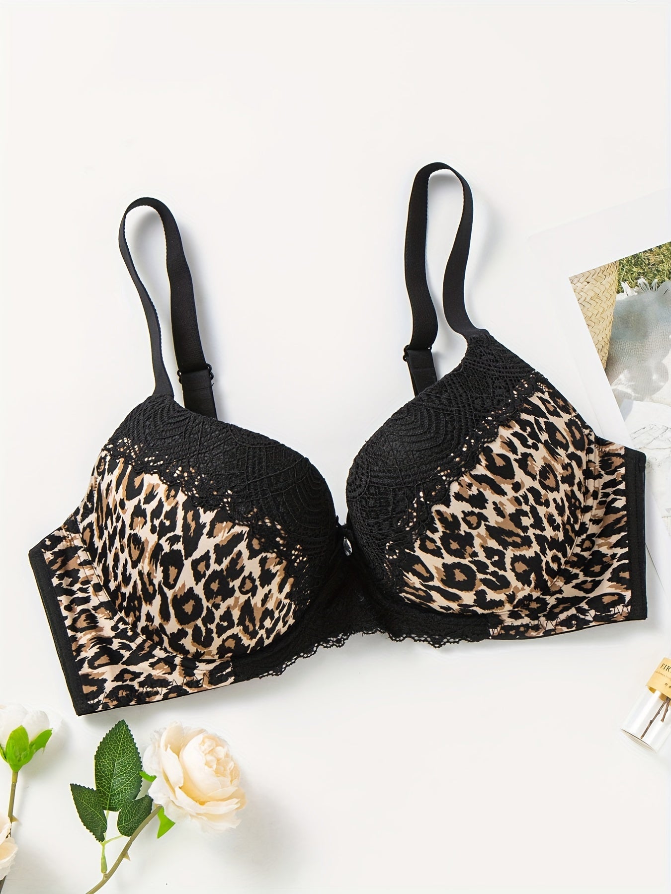  Leopard Print Lace High Stretch Rhinestone Bra
