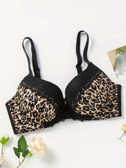  Leopard Print Lace High Stretch Rhinestone Bra