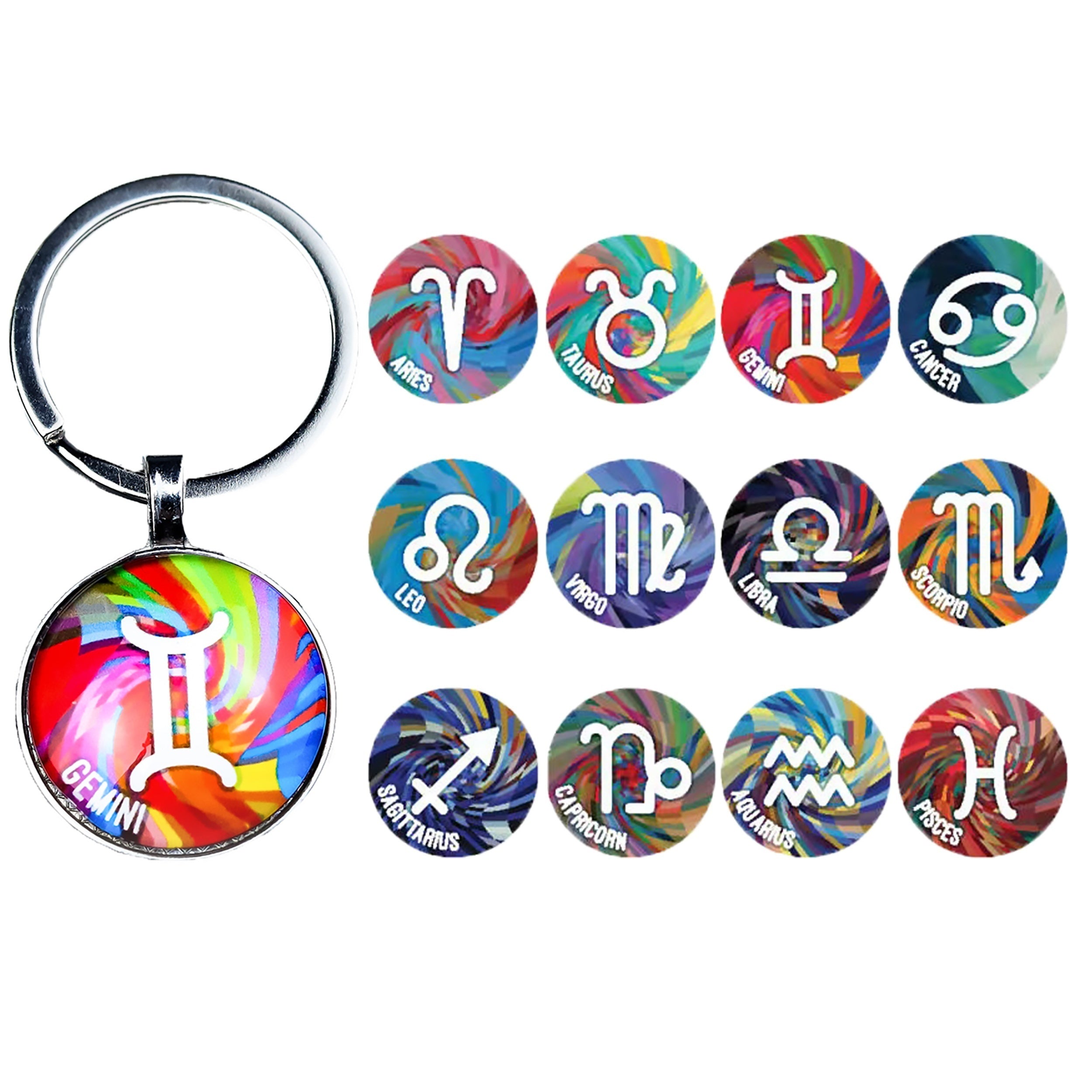 12 Constellation Glass Keychain Bag Pendant Birthday Gift Key Ring