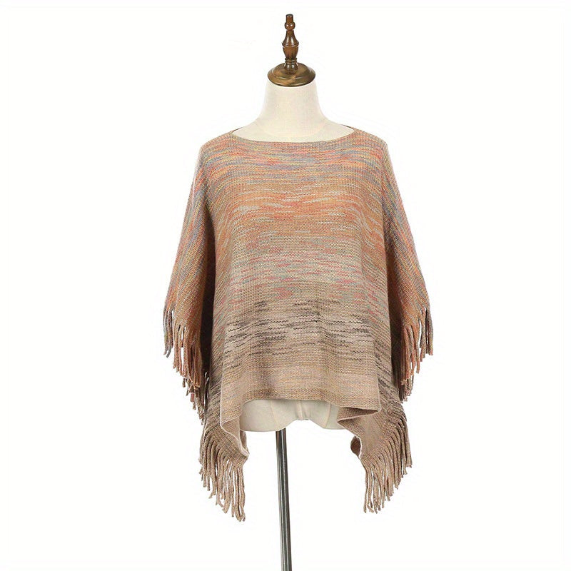 Colorful Loose Fringe Shawl Pullover Windproof Shawl Cape for Women